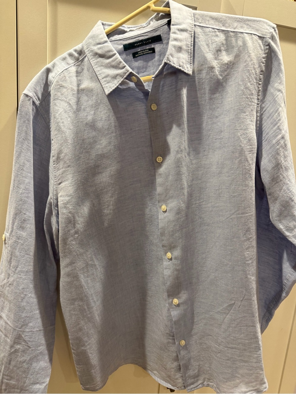 Perry Ellis Light Blue Linen Blend Button-Down Shirt